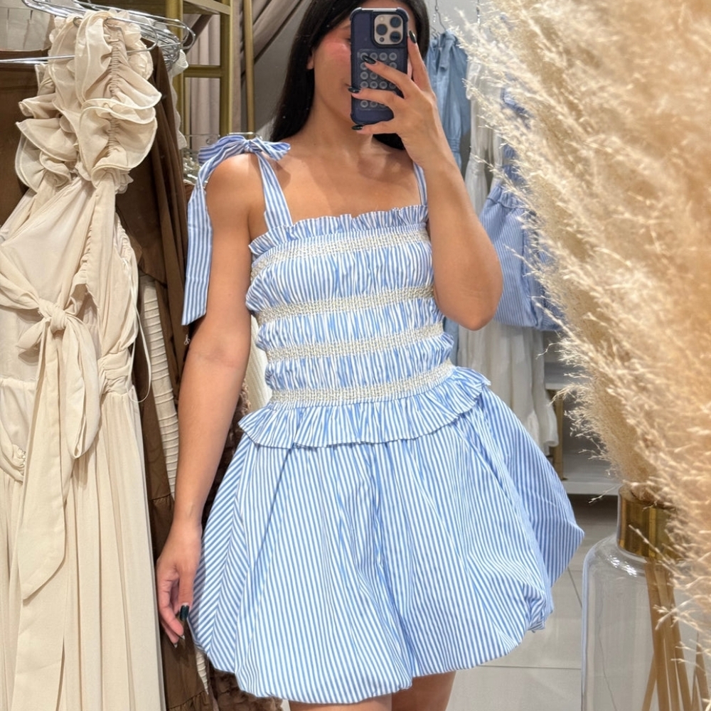 Blue and White Striped Smocked Mini Dress with Tie Straps